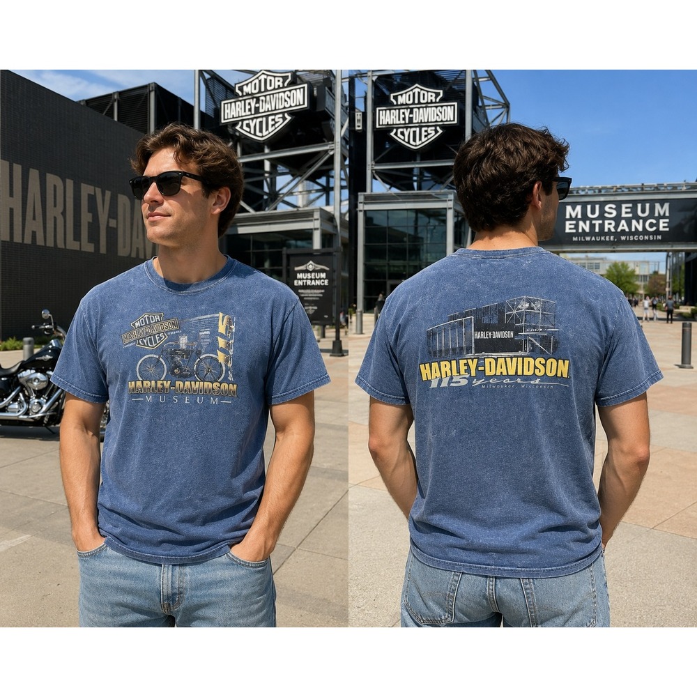 Harley-Davidson Museum Milwaukee Faded Blue Graphic T-Shirt Double Sided XL